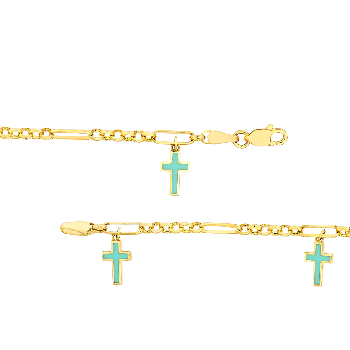 Lt.Turquoise Crosses on 6+1 Rolo Chain Bracelet 14K Yellow Gold