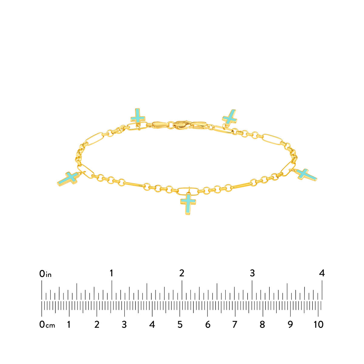 Lt.Turquoise Crosses on 6+1 Rolo Chain Bracelet 14K Yellow Gold