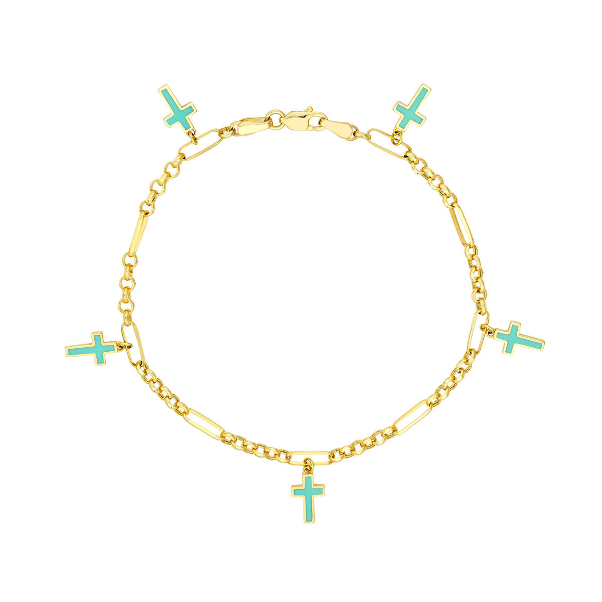 Lt.Turquoise Crosses on 6+1 Rolo Chain Bracelet 14K Yellow Gold