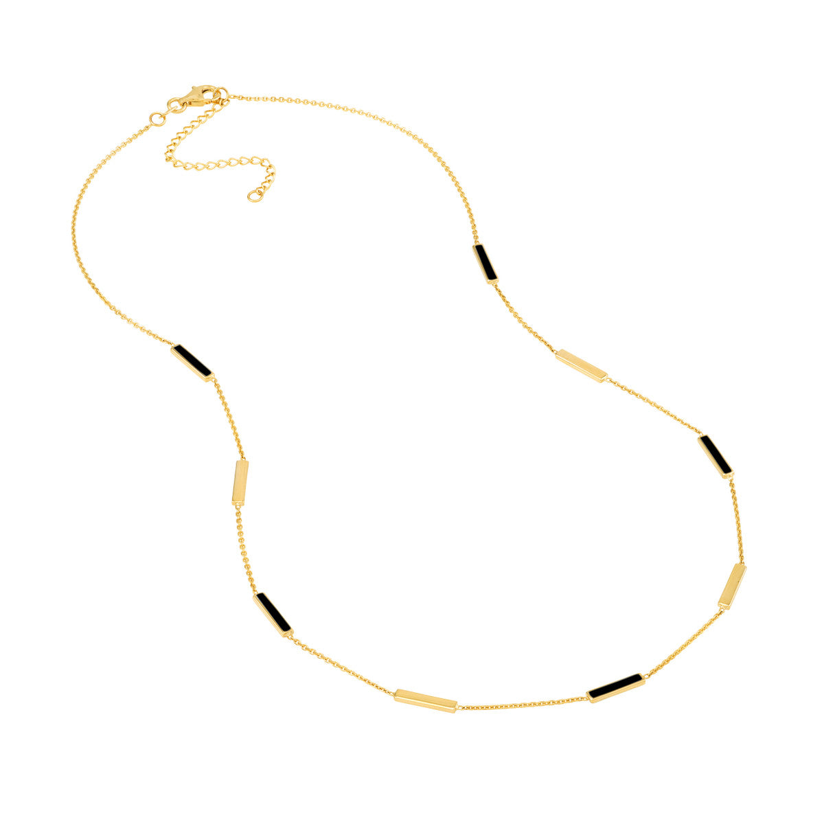 Black Enamel Alternating Bar Station Necklace 14K Yellow Gold