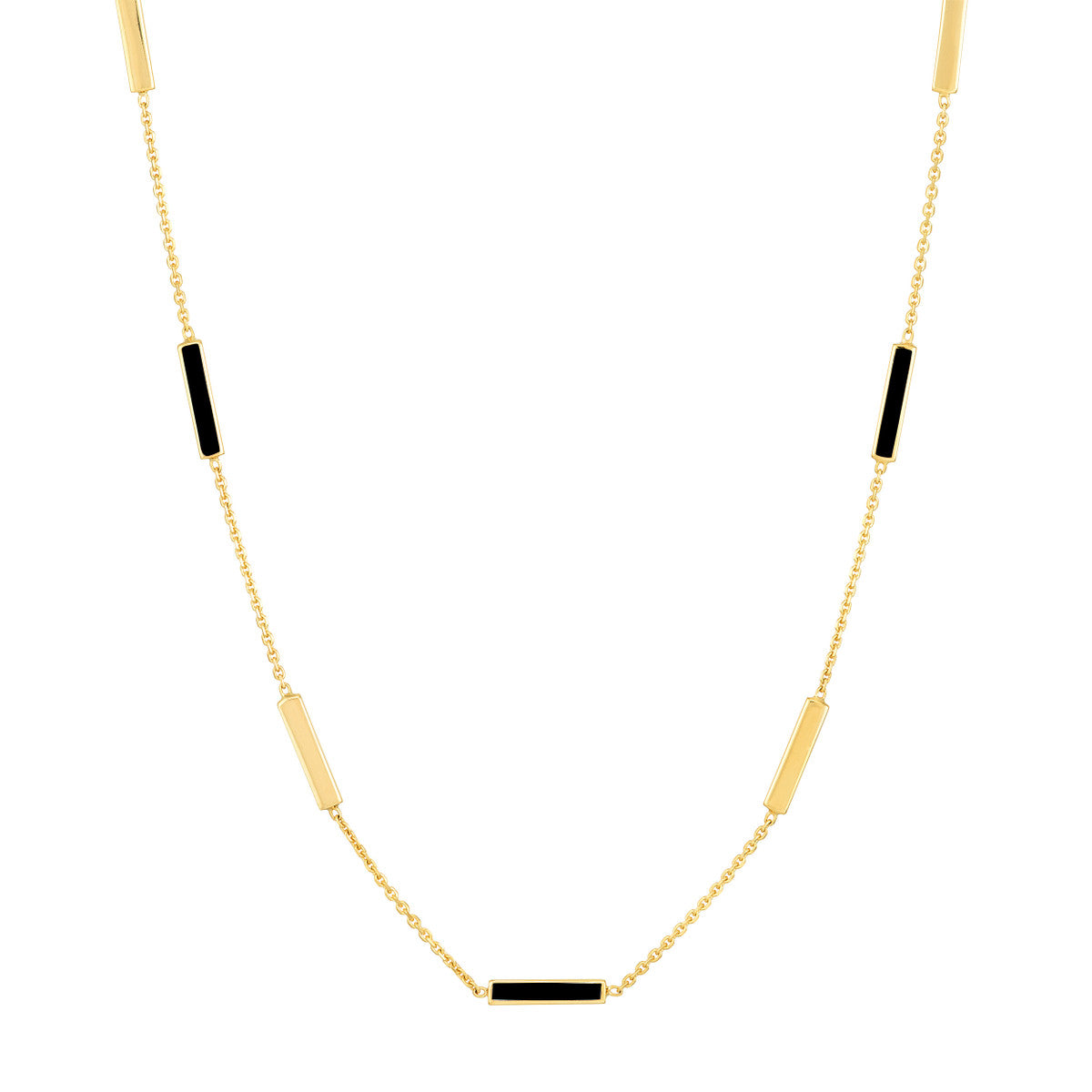 Black Enamel Alternating Bar Station Necklace 14K Yellow Gold