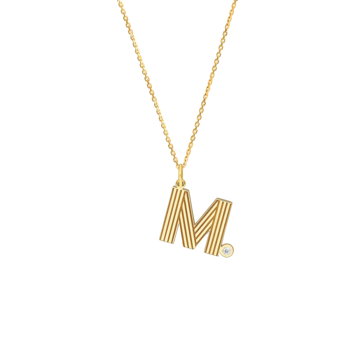 Block Lined Initial 'M' with Diamond Necklace 14K Yellow Gold