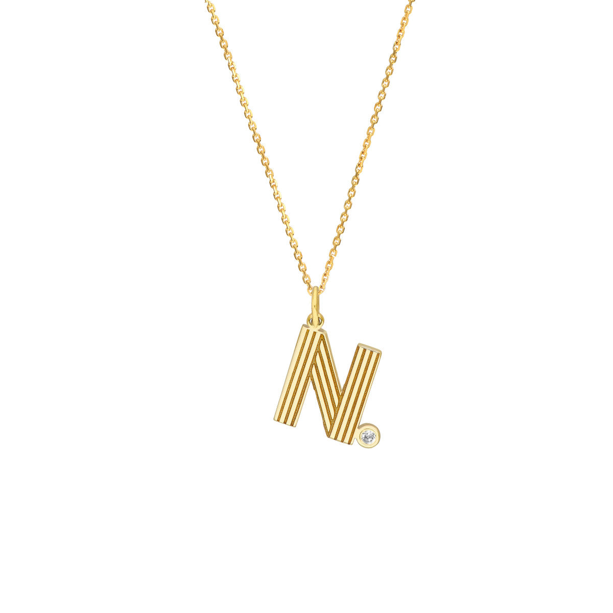 Block Lined Initial 'N' with Diamond Necklace 14K Yellow Gold