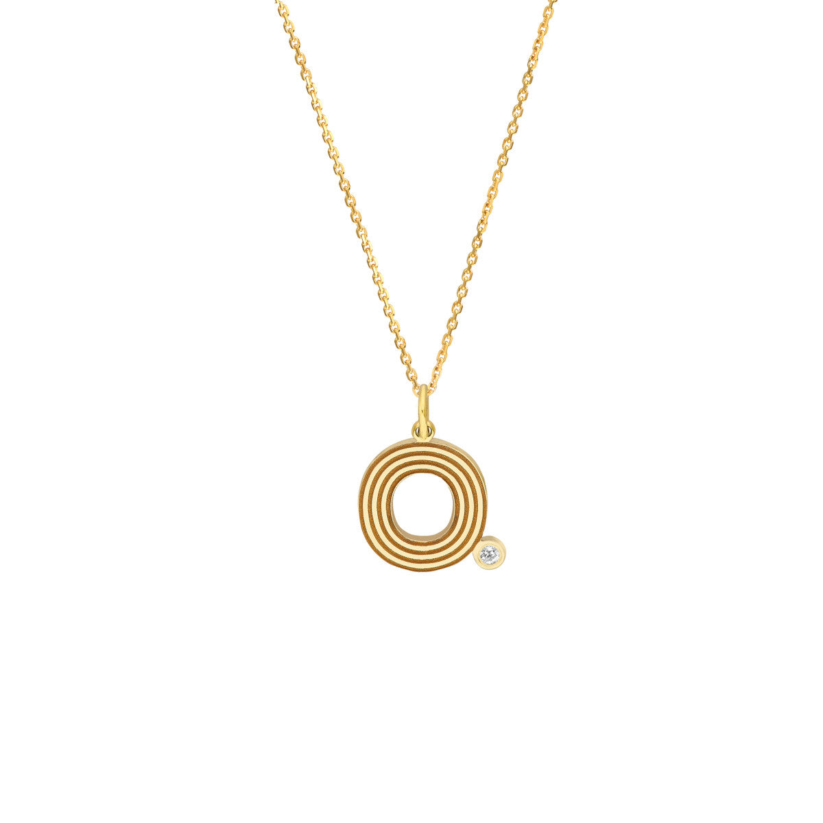 Block Lined Initial 'O' with Diamond Necklace 14K Yellow Gold