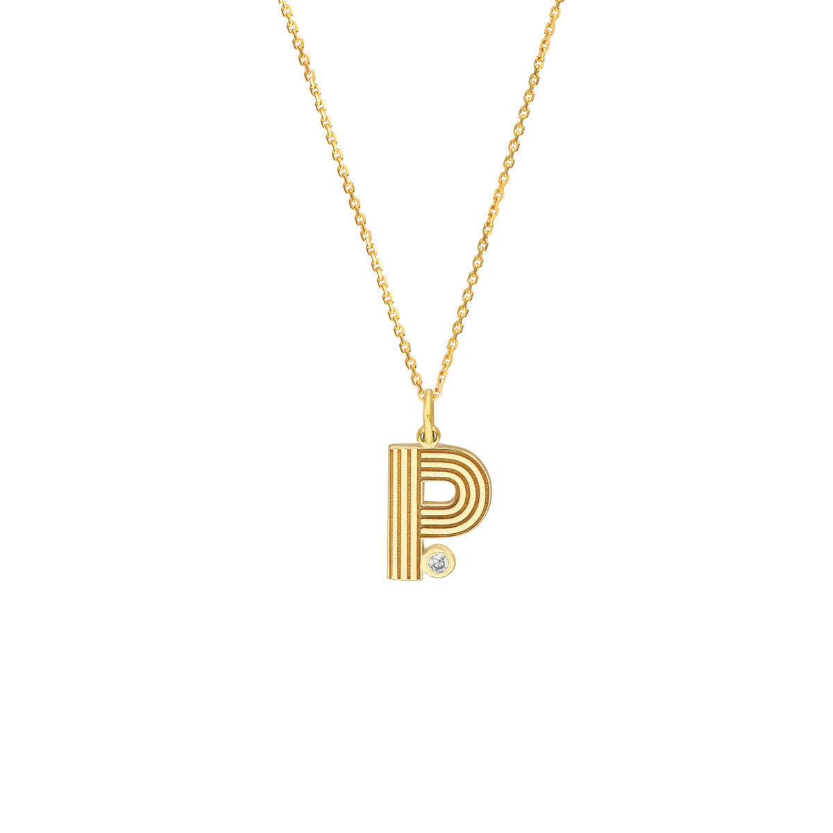 Block Lined Initial 'P' with Diamond Necklace 14K Yellow Gold