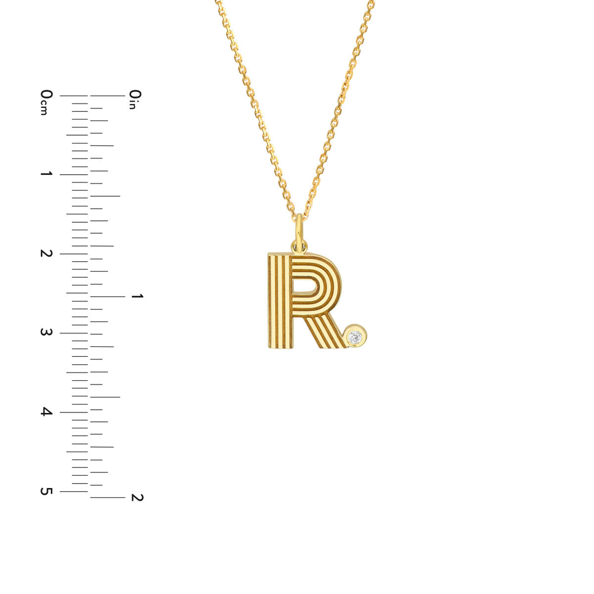 Block Lined Initial 'R' with Diamond Necklace 14K Yellow Gold