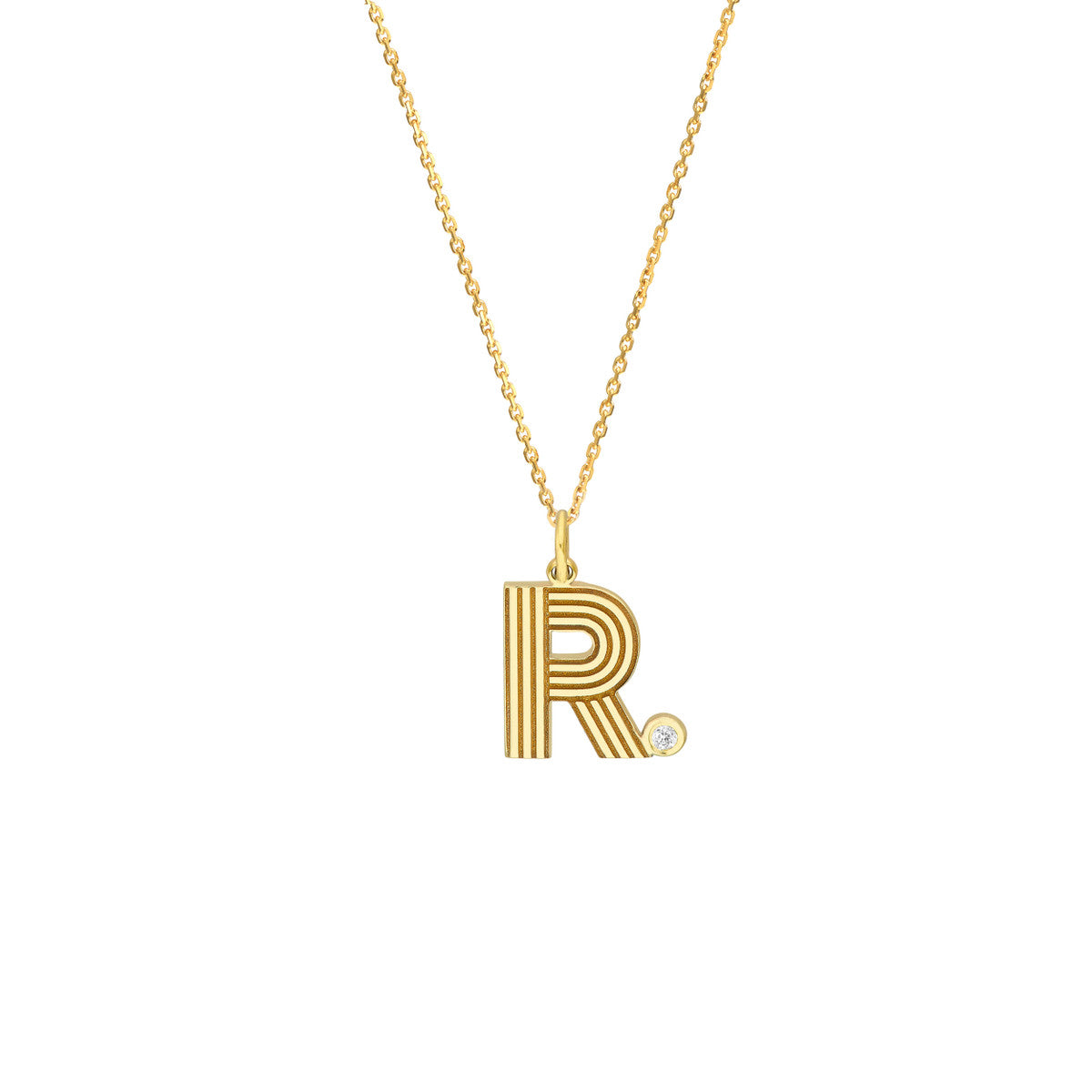 Block Lined Initial 'R' with Diamond Necklace 14K Yellow Gold