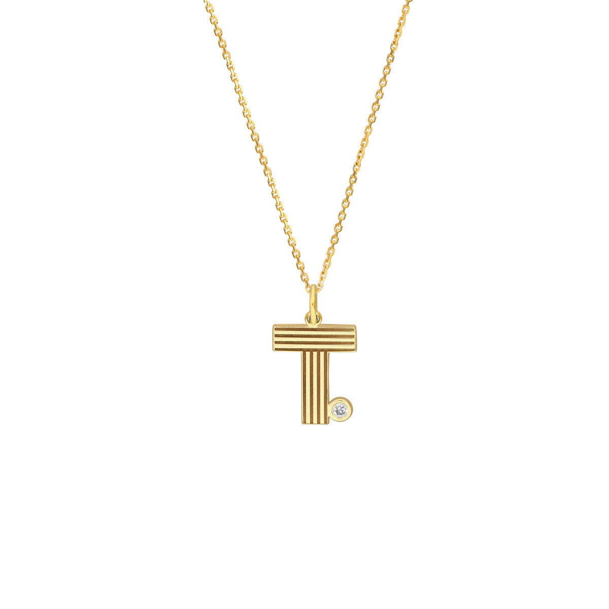 Block Lined Initial 'T' with Diamond Necklace 14K Yellow Gold