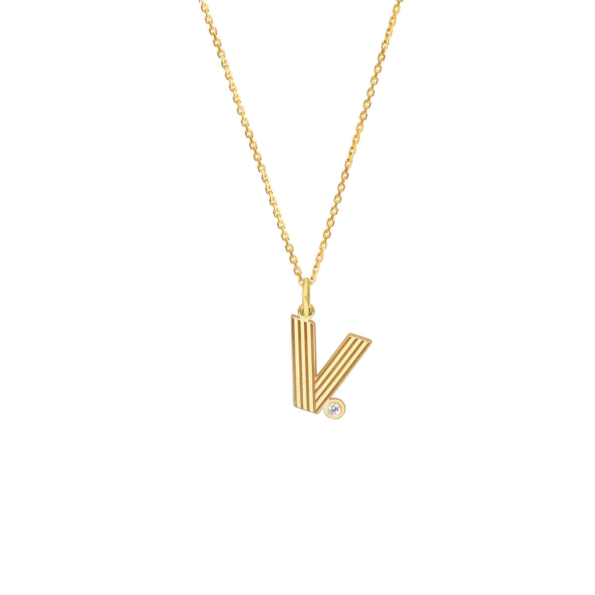 Block Lined Initial 'V' with Diamond Necklace 14K Yellow Gold
