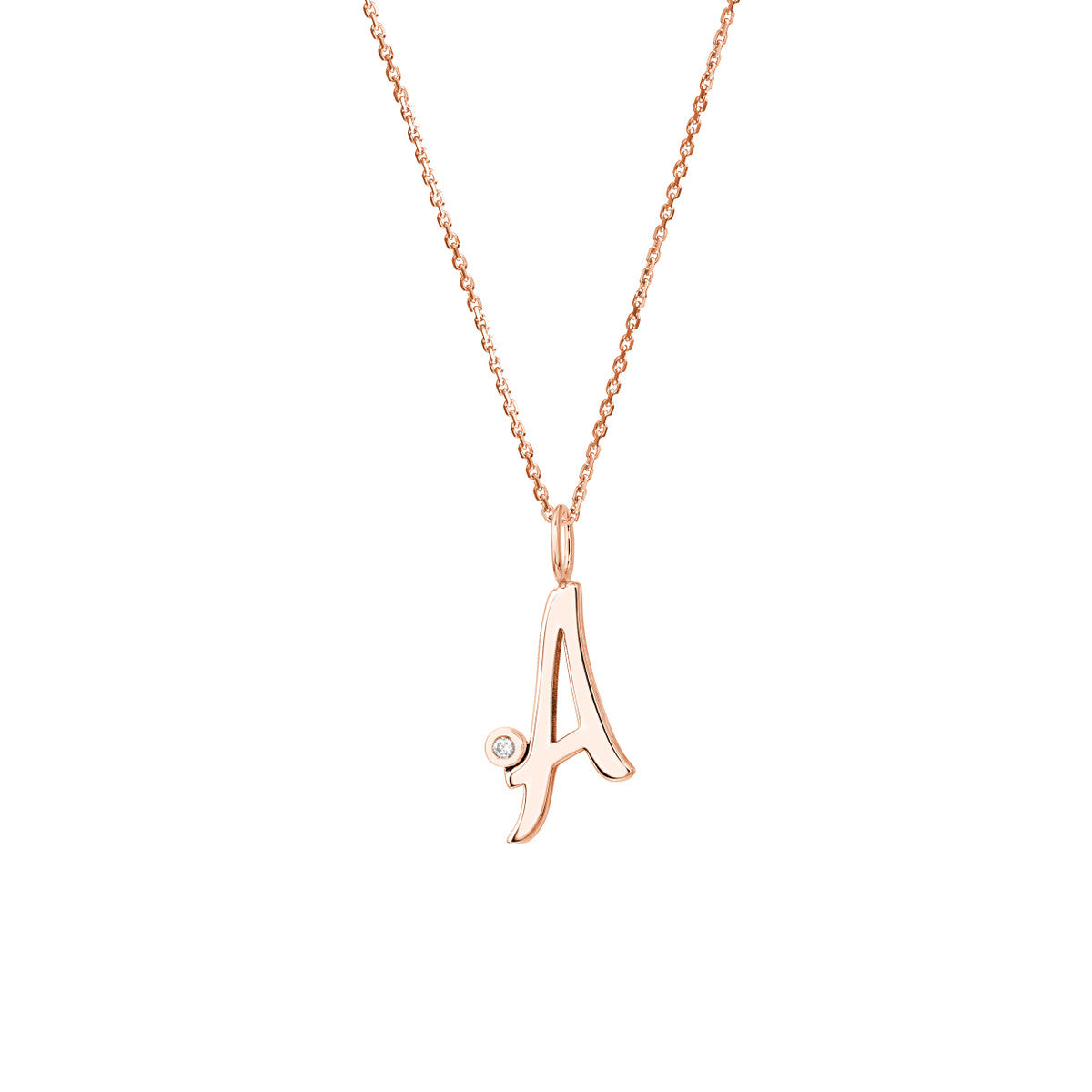 Script “A” Initial with Diamond Bezel Necklace 14K Gold