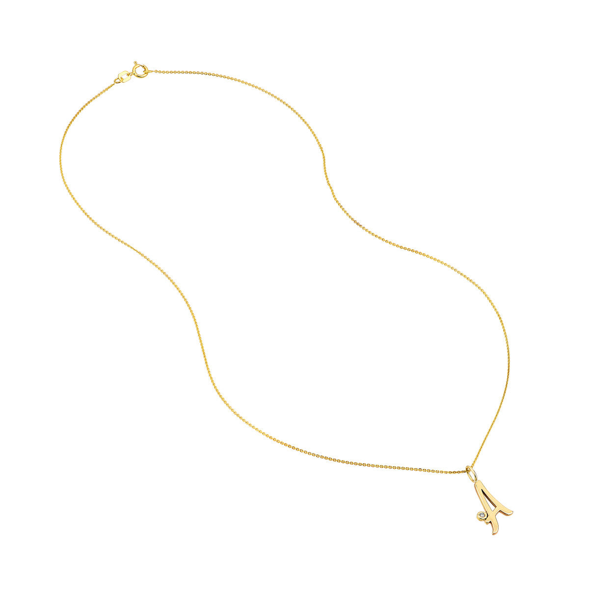 Script “A” Initial with Diamond Bezel Necklace 14K Gold