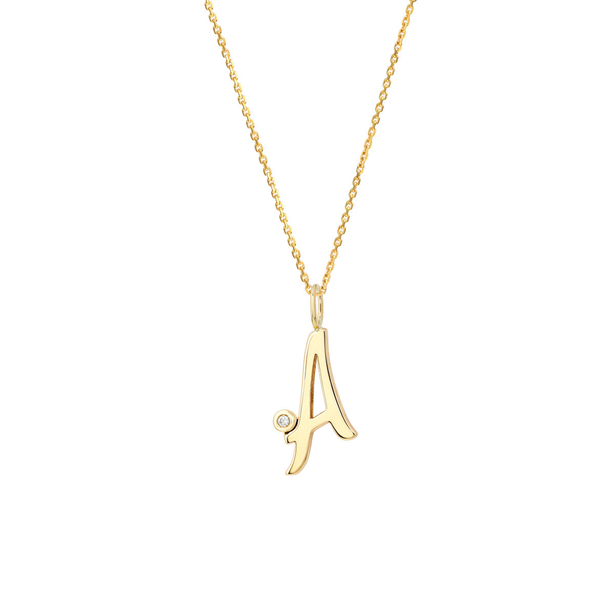 Script “A” Initial with Diamond Bezel Necklace 14K Gold