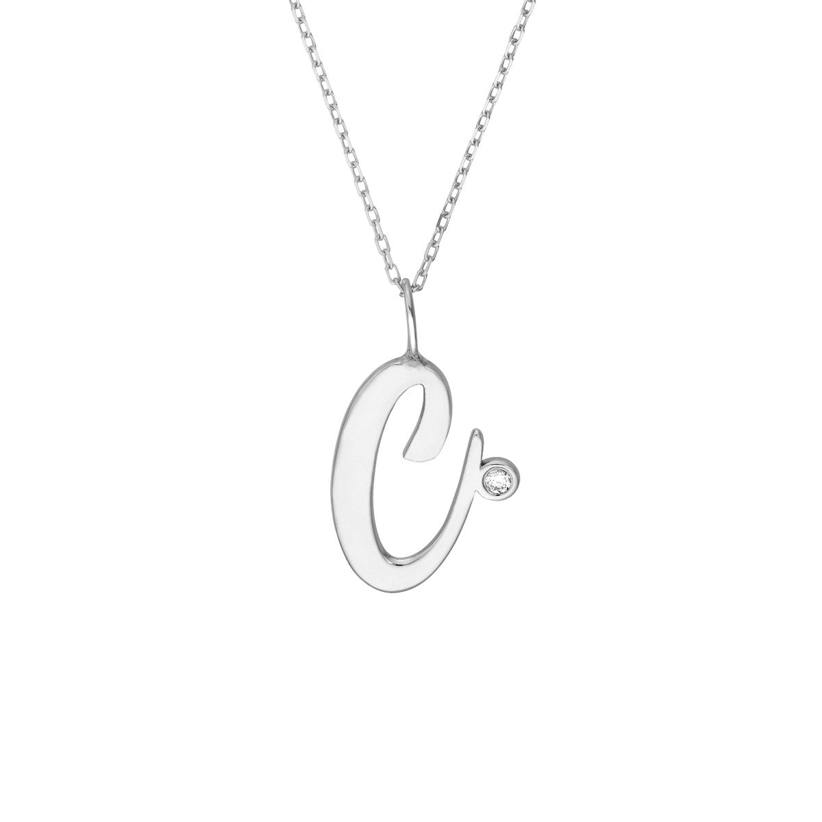 Script “C” Initial with Diamond Bezel Necklace 14K Gold