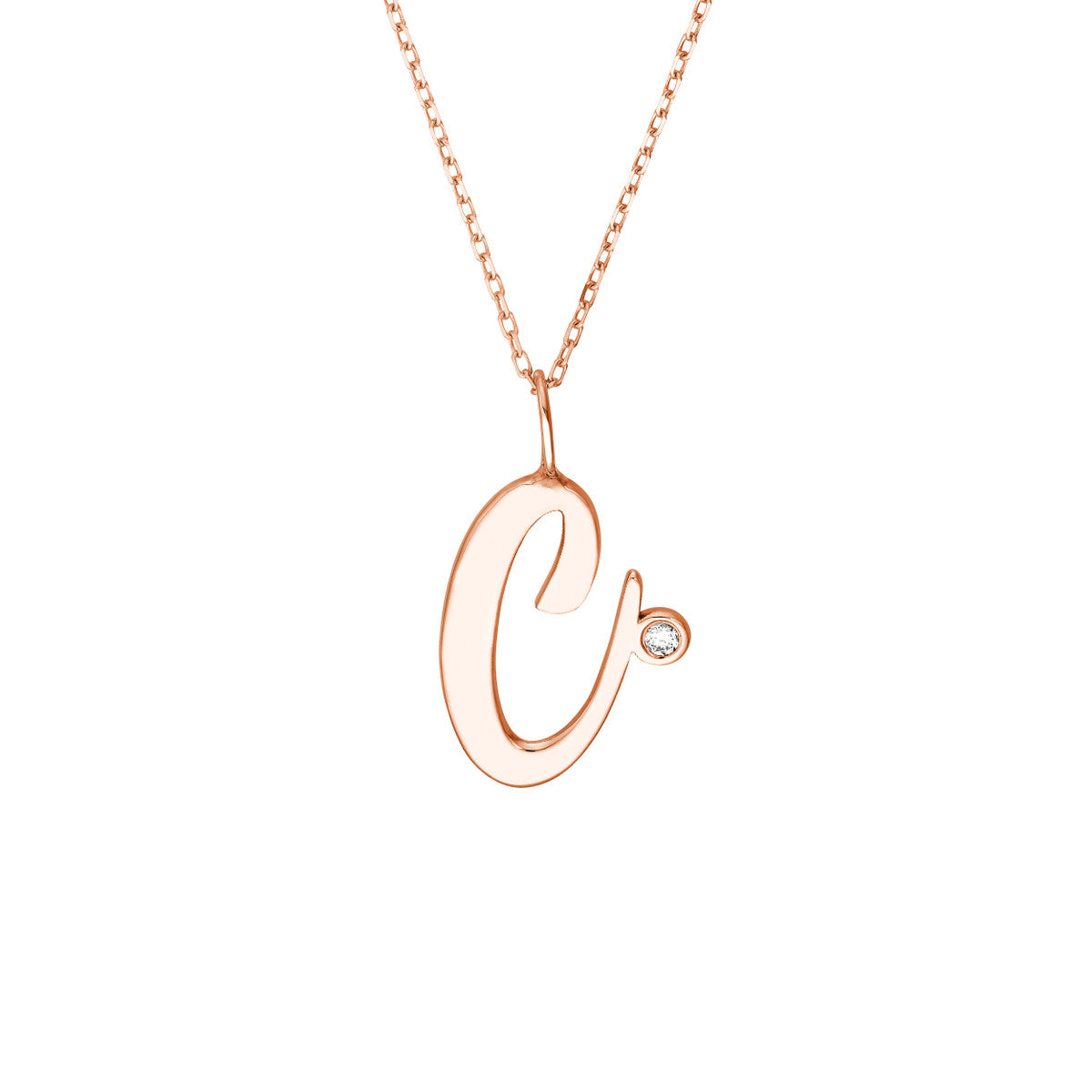Script “C” Initial with Diamond Bezel Necklace 14K Gold