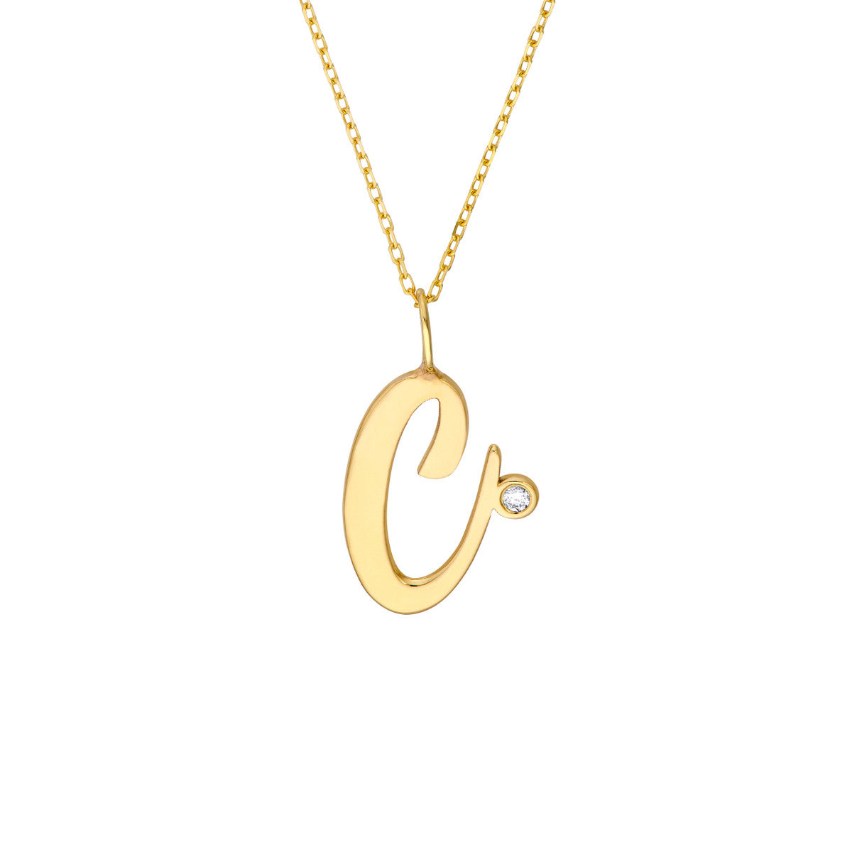 Script “C” Initial with Diamond Bezel Necklace 14K Gold