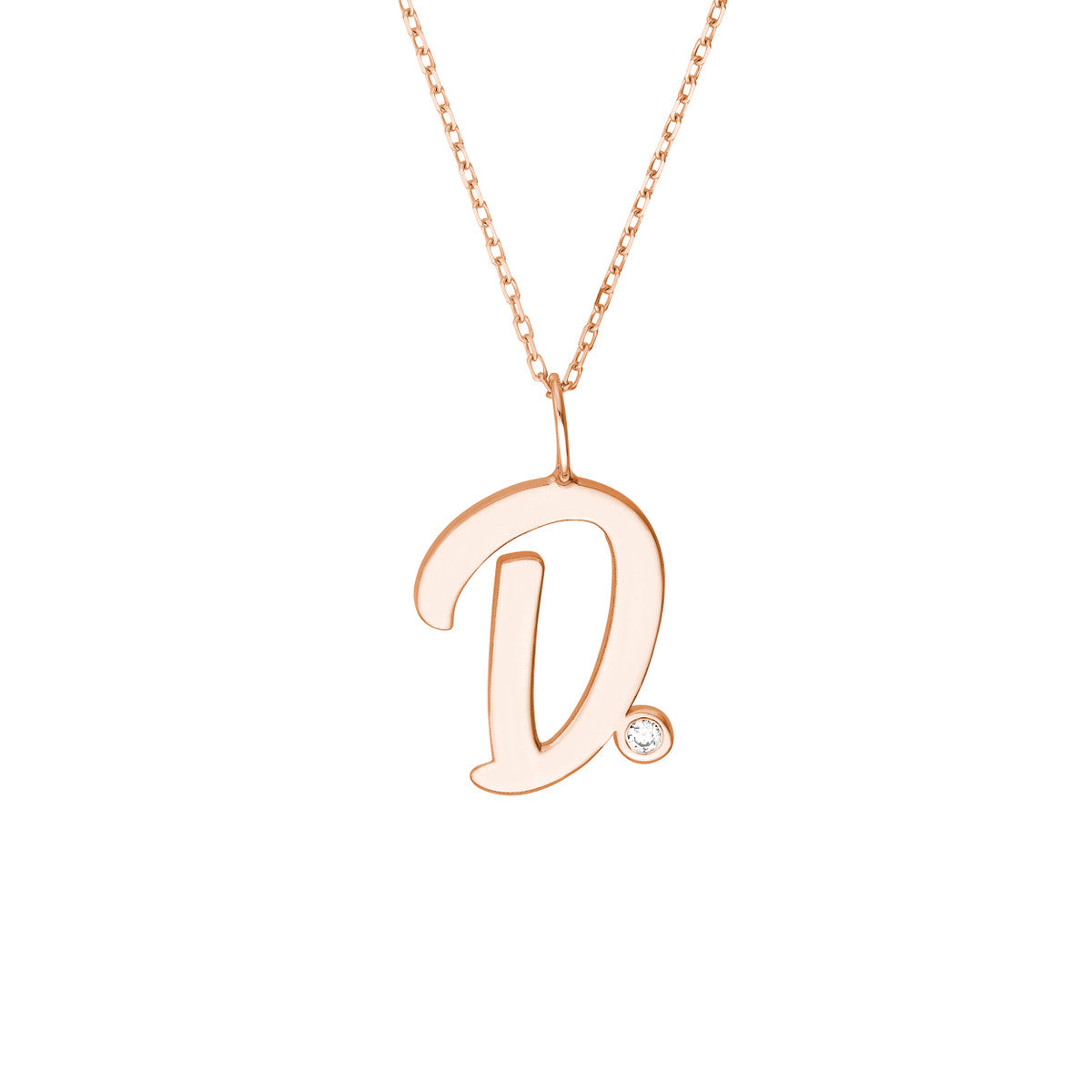 Script “D” Initial with Diamond Bezel Necklace 14K Gold