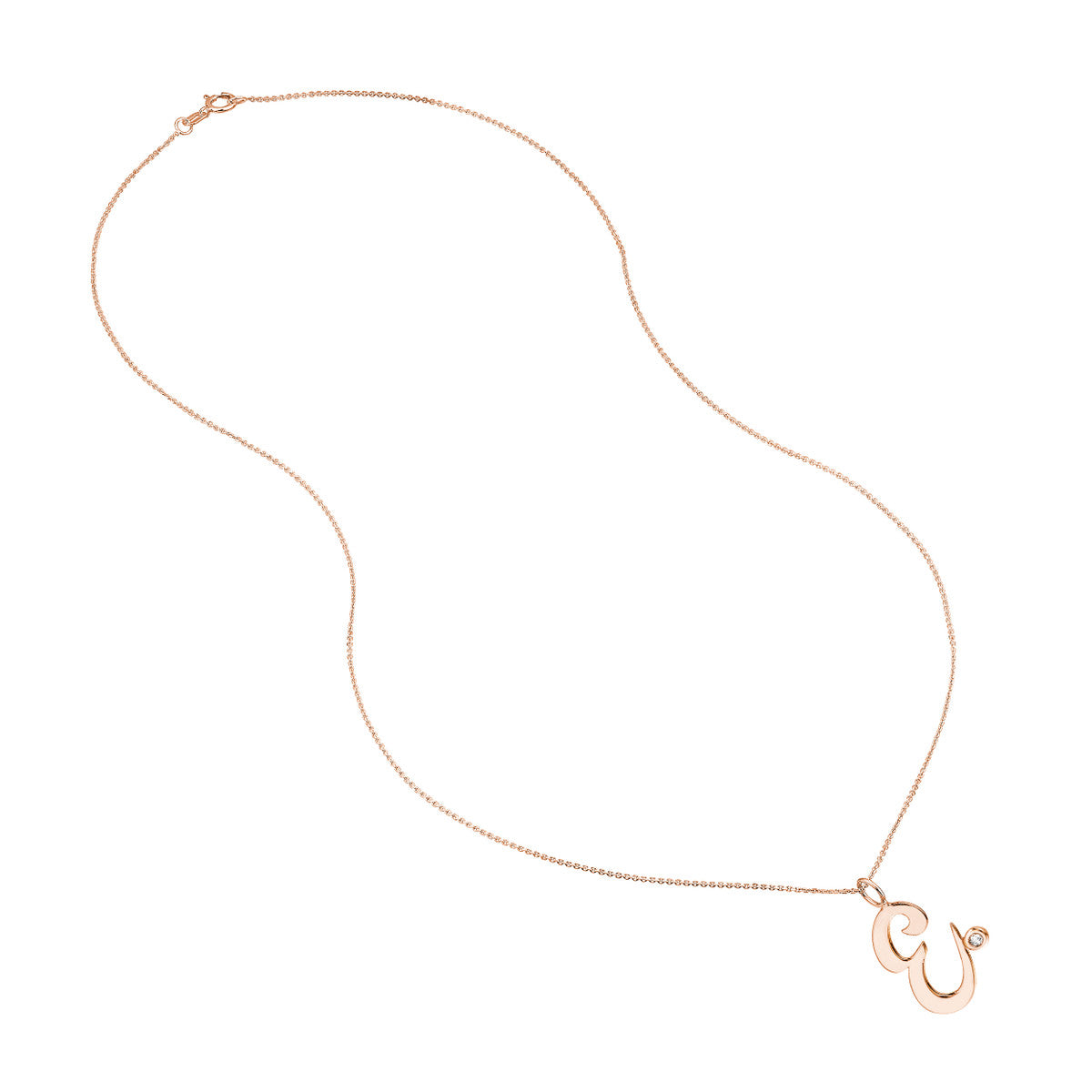 Script “E” Initial with Diamond Bezel Necklace 14K Gold