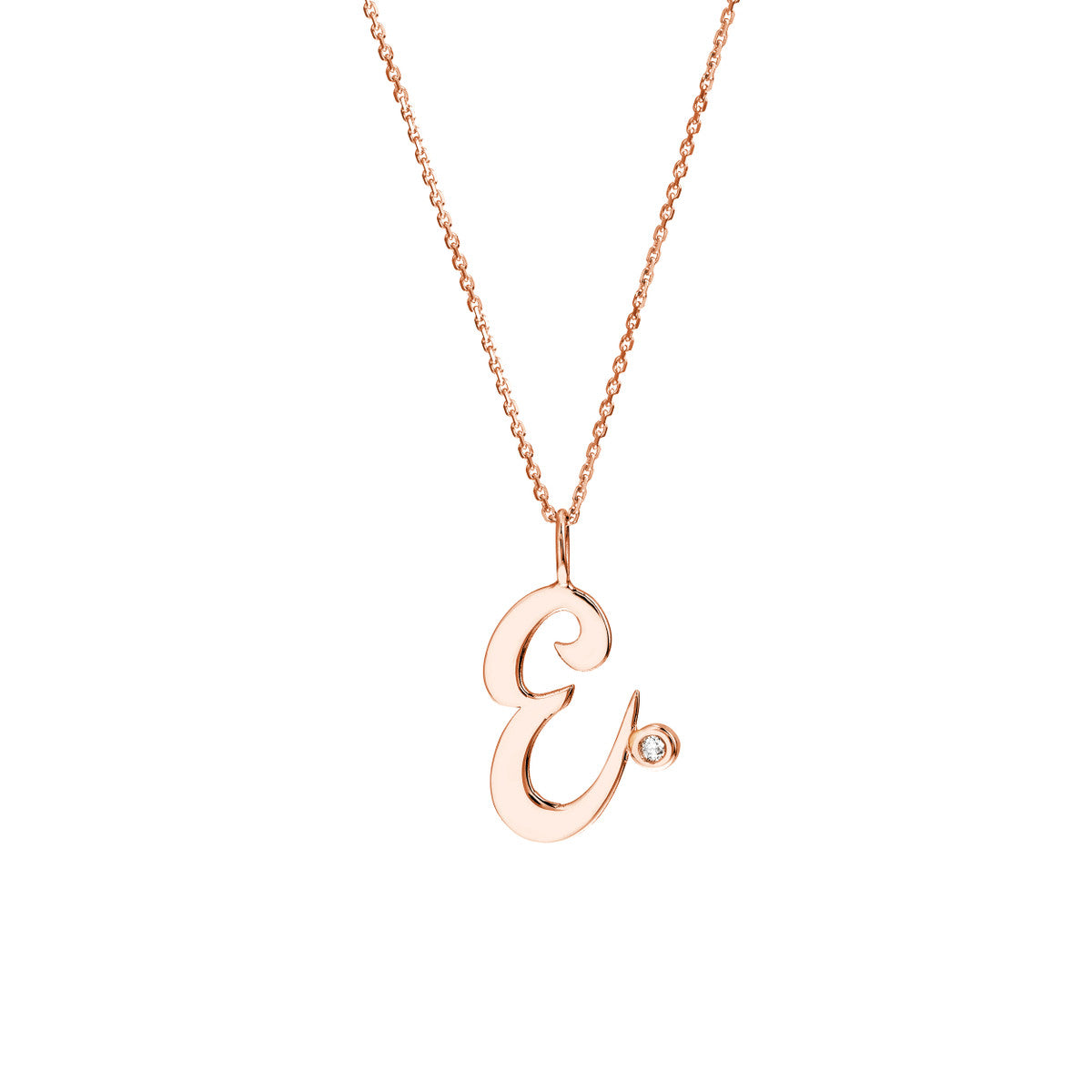 Script “E” Initial with Diamond Bezel Necklace 14K Gold