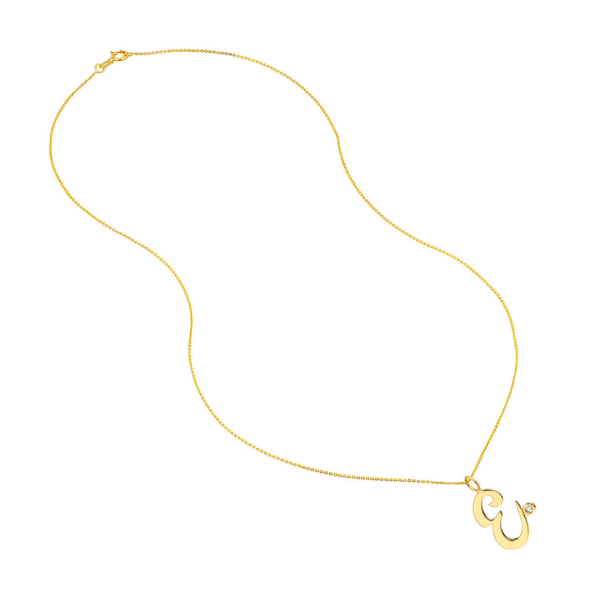 Script “E” Initial with Diamond Bezel Necklace 14K Gold