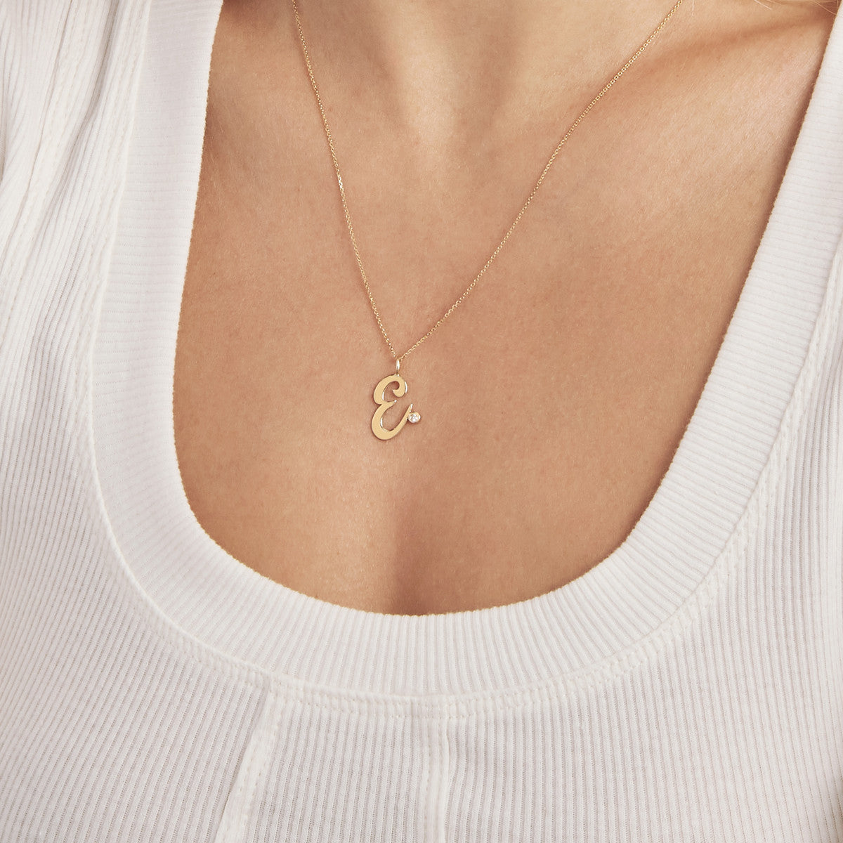 Script “E” Initial with Diamond Bezel Necklace 14K Gold