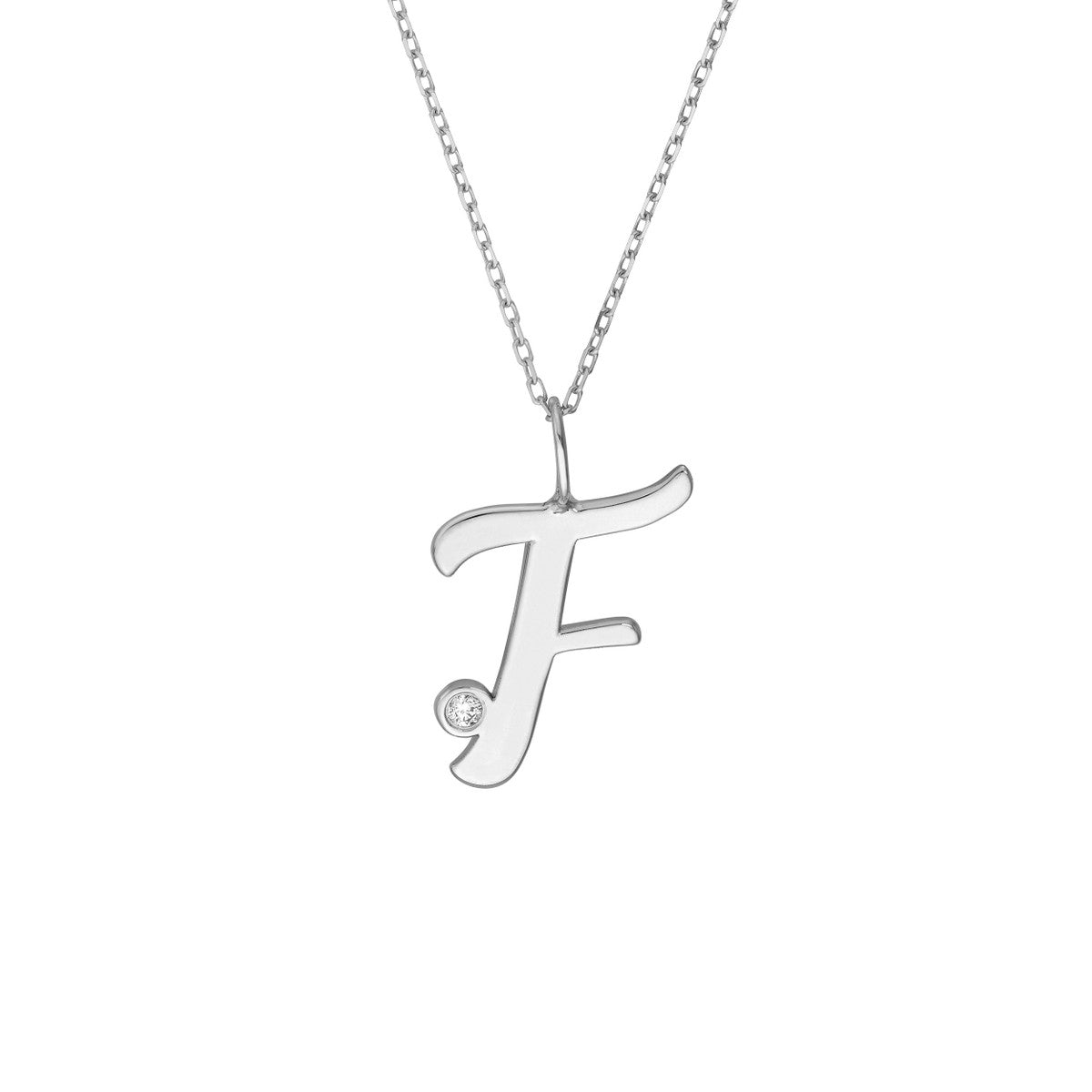 Script “F” Initial with Diamond Bezel Necklace 14K Gold