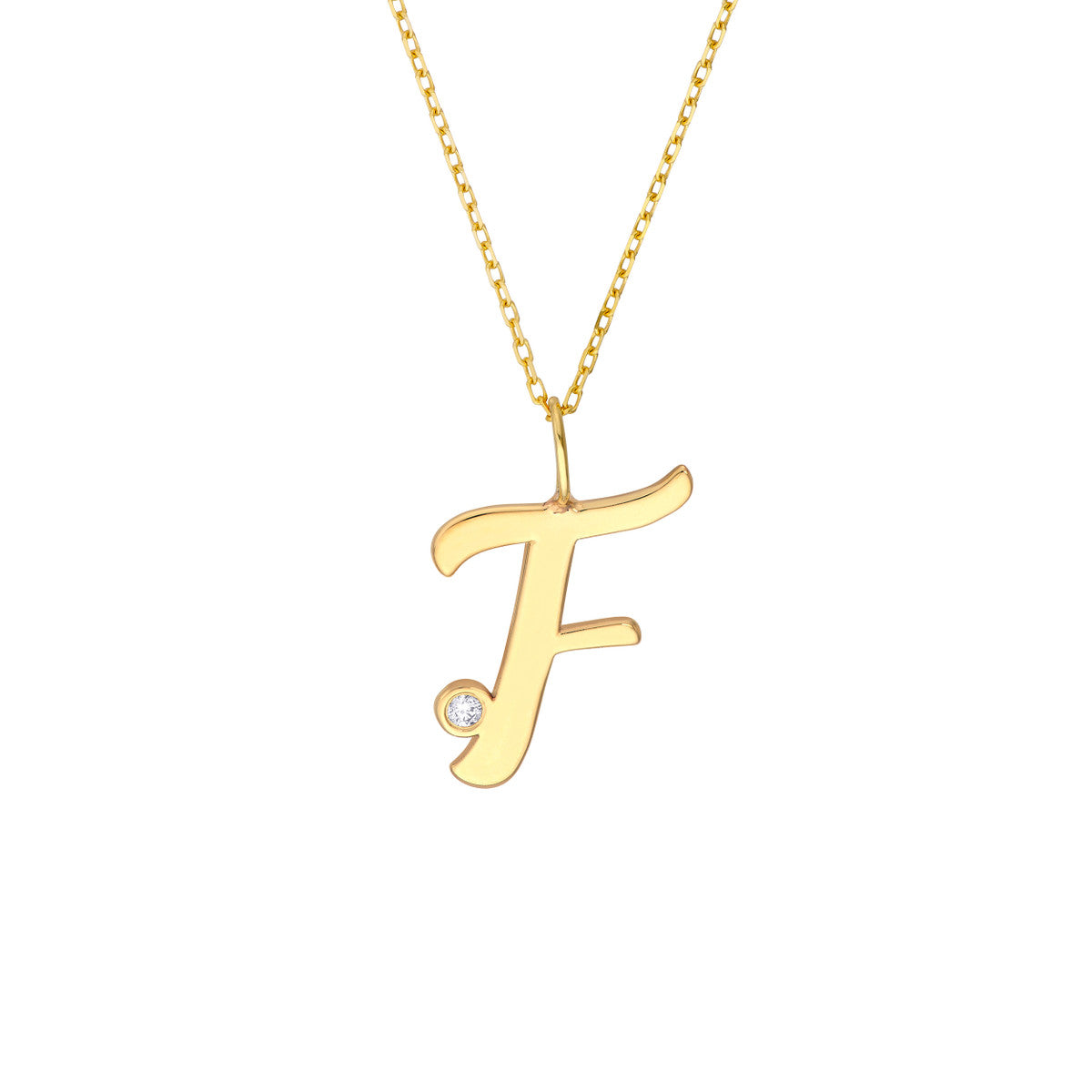 Script “F” Initial with Diamond Bezel Necklace 14K Gold