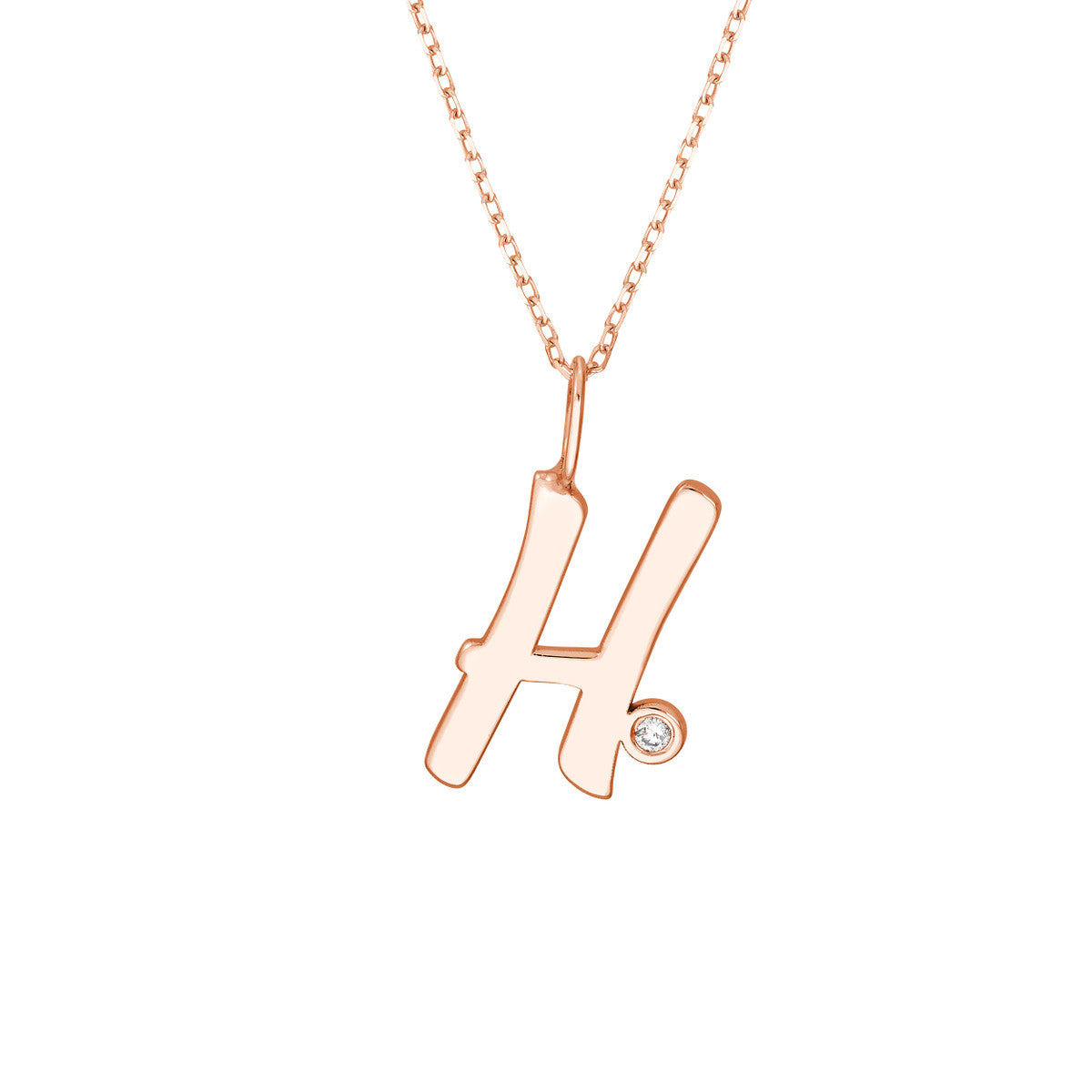 Script 'H' with Diamond Bezel Necklace 14K Gold