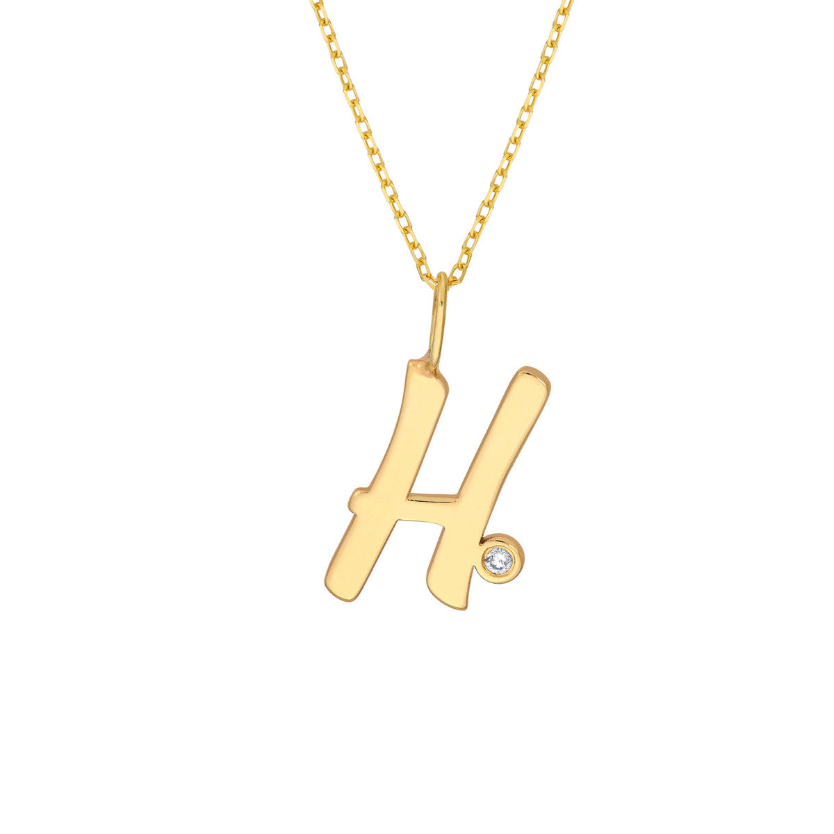 Script 'H' with Diamond Bezel Necklace 14K Gold