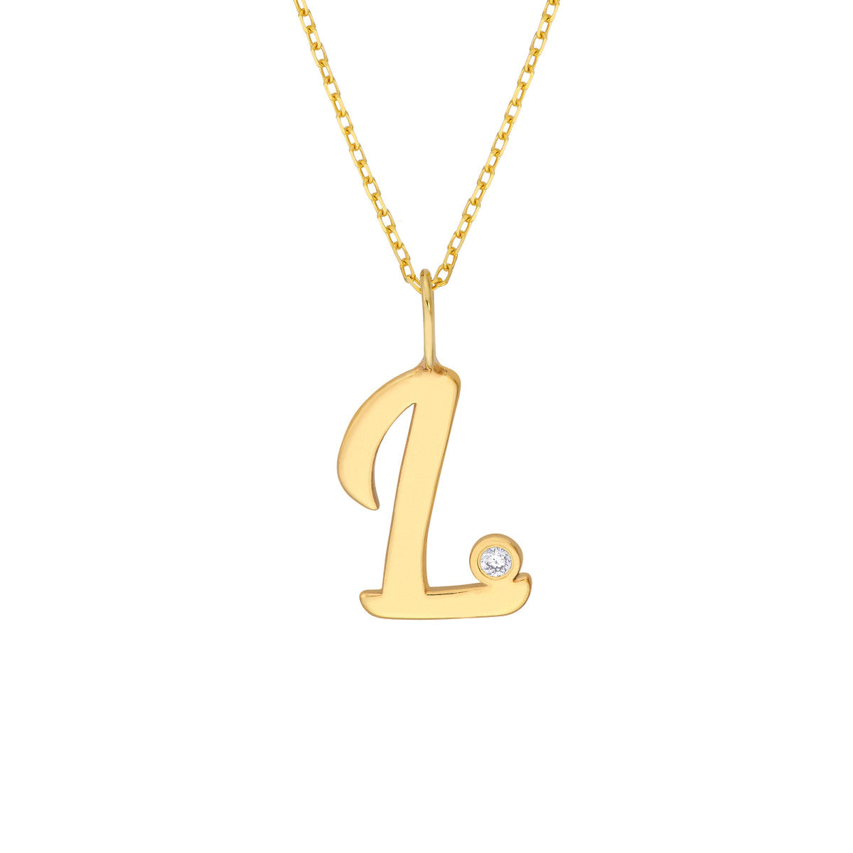 Script 'L' with Diamond Bezel Necklace 14K Gold