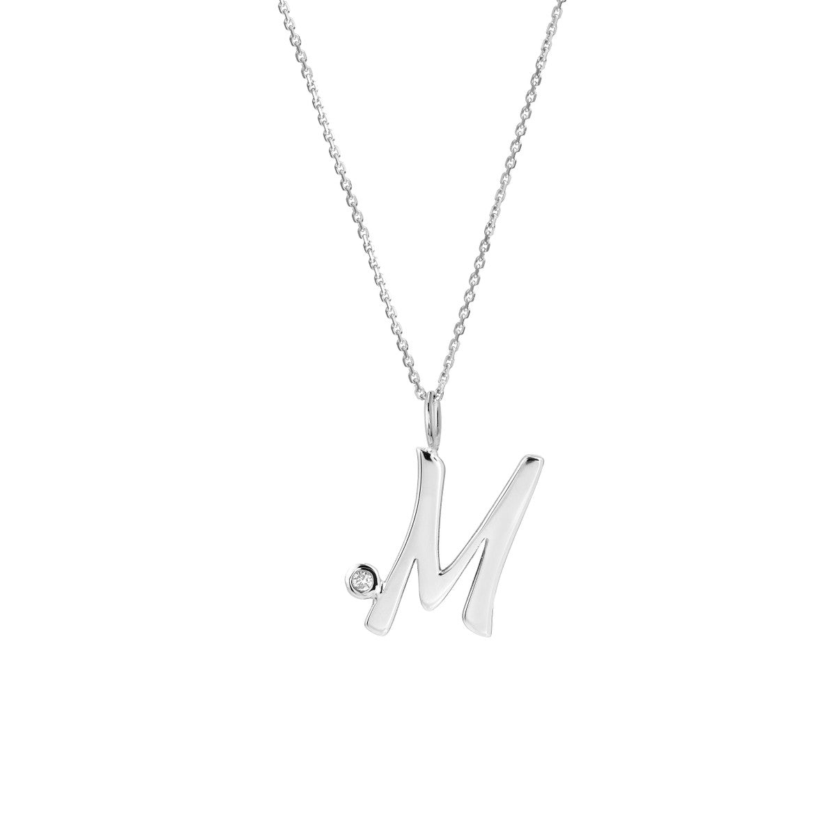 Script 'M' with Diamond Bezel Necklace 14K Gold