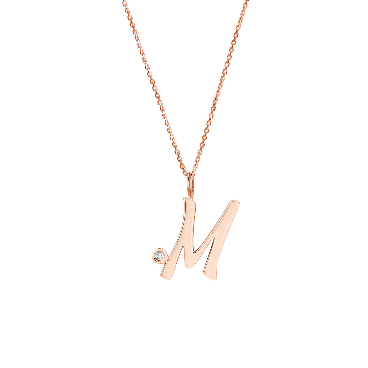 Script 'M' with Diamond Bezel Necklace 14K Gold