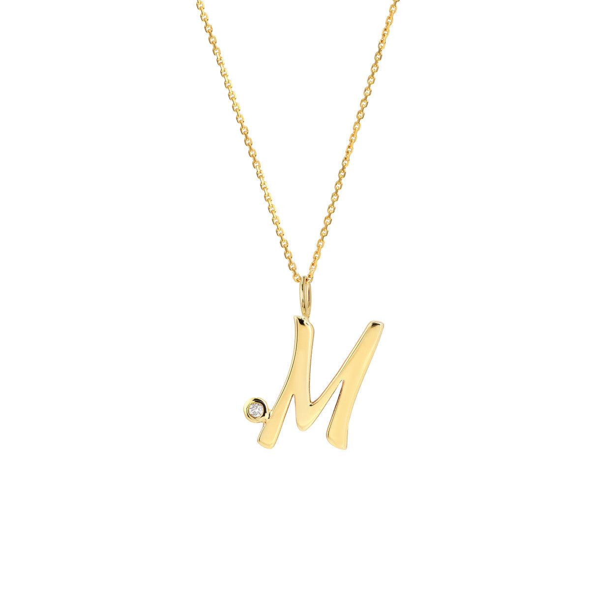 Script 'M' with Diamond Bezel Necklace 14K Gold