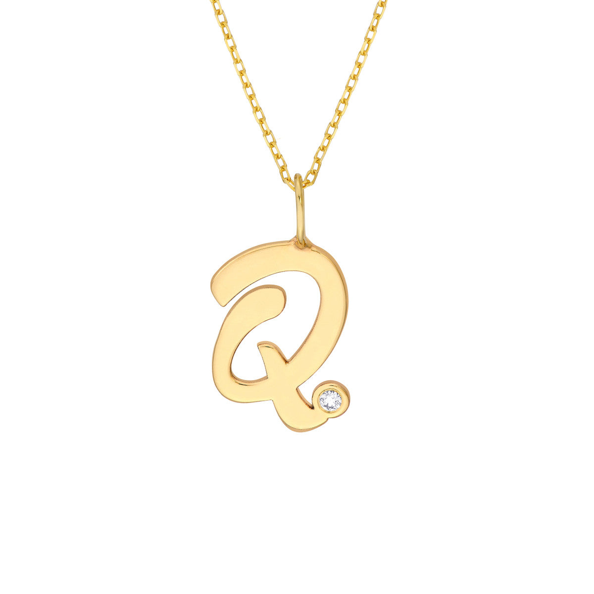 Script 'Q' with Diamond Bezel Necklace 14K Gold