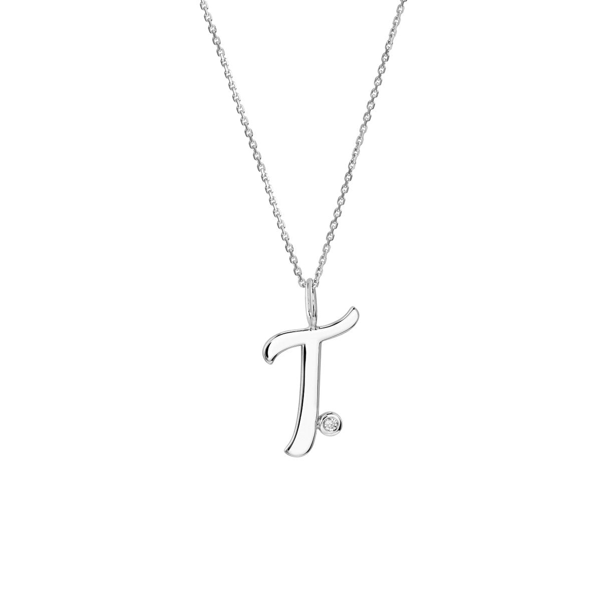 Script 'T' with Diamond Bezel Necklace 14K Gold