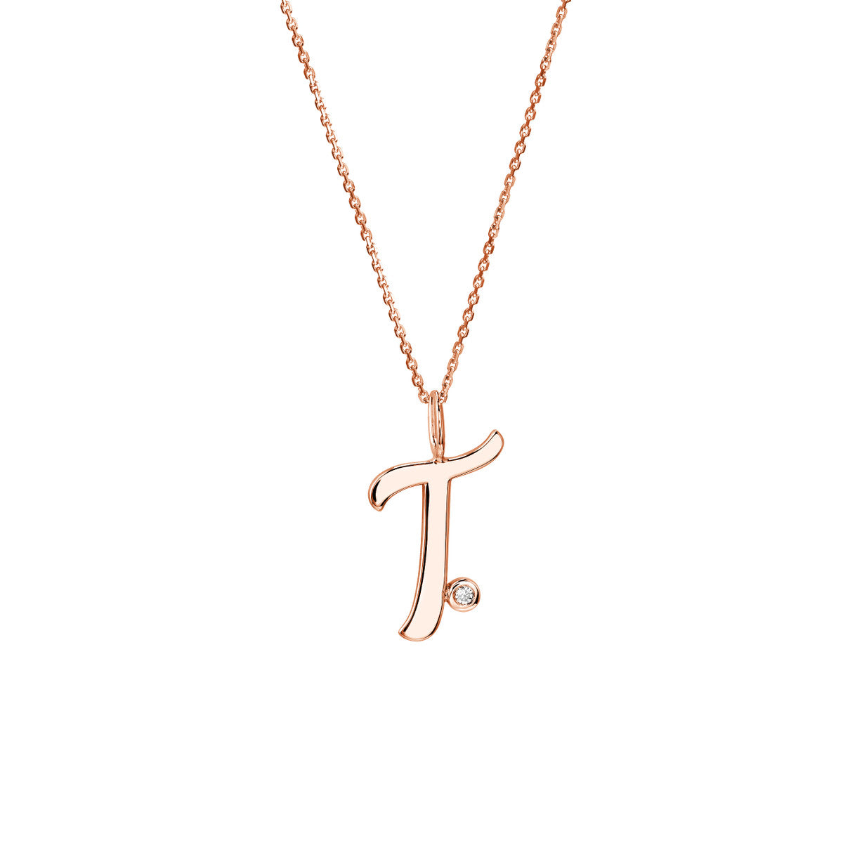 Script 'T' with Diamond Bezel Necklace 14K Gold