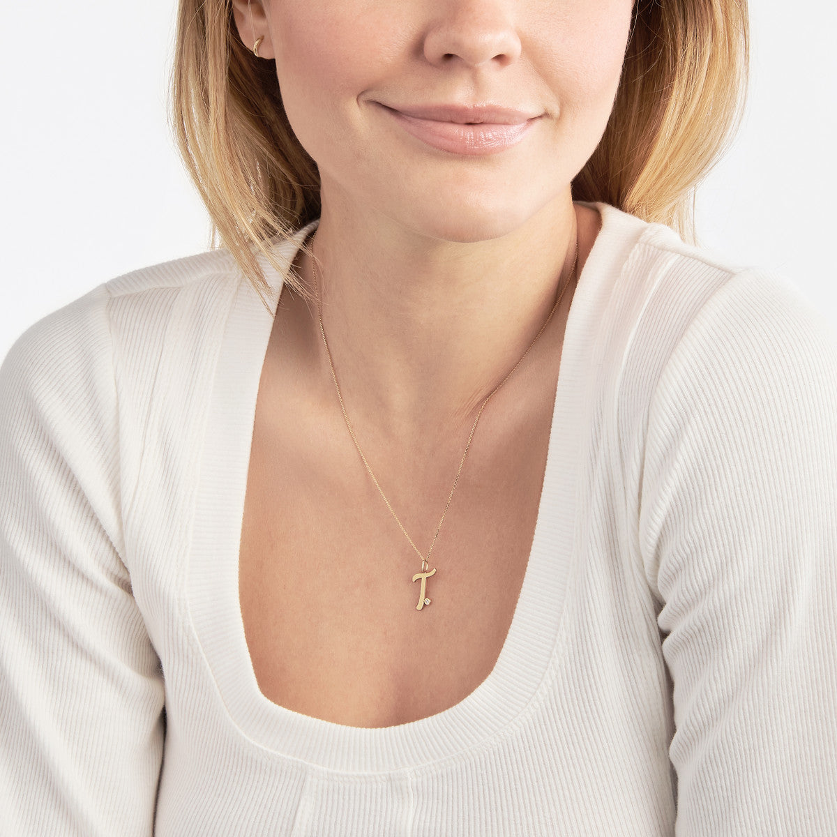 Script 'T' with Diamond Bezel Necklace 14K Gold
