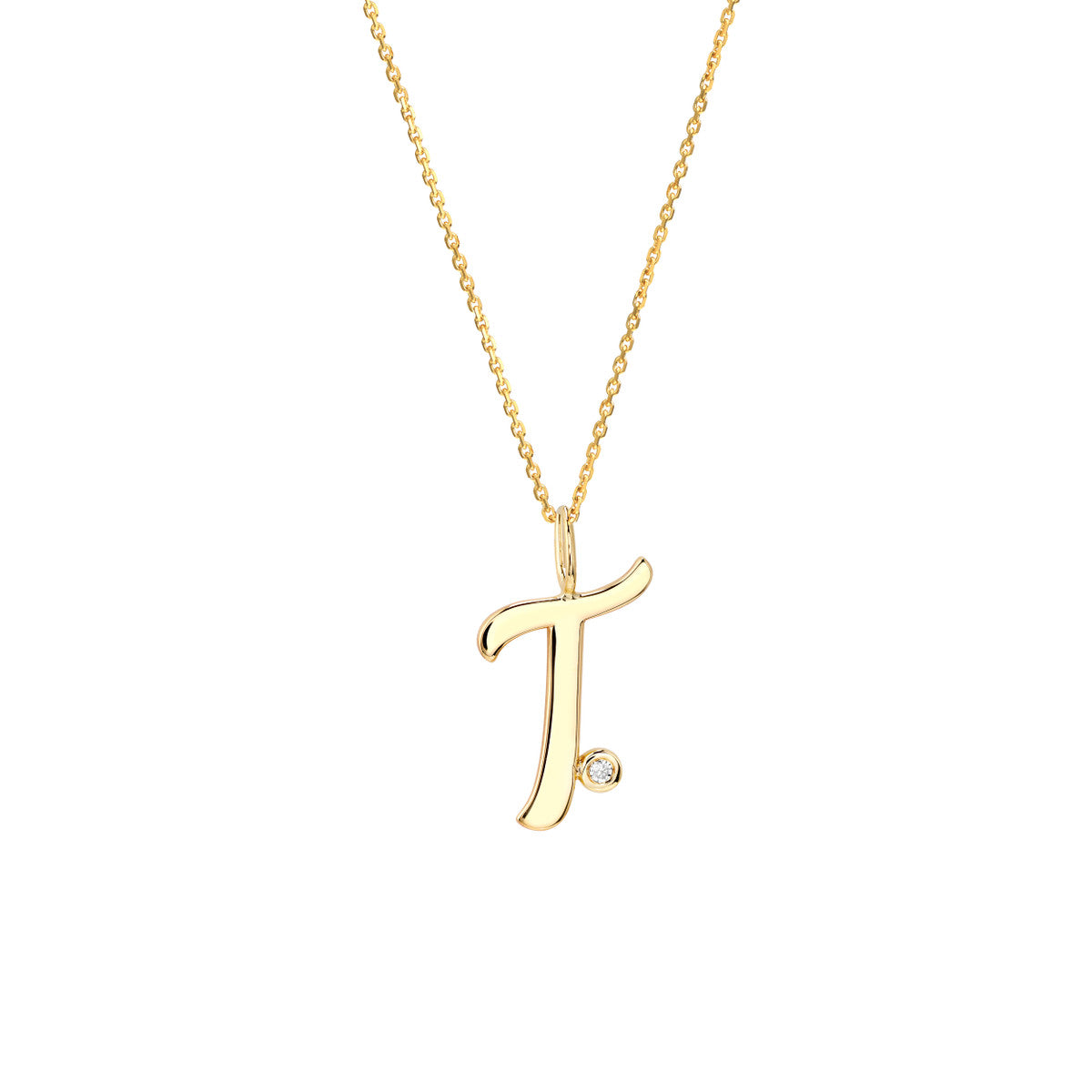 Script 'T' with Diamond Bezel Necklace 14K Gold
