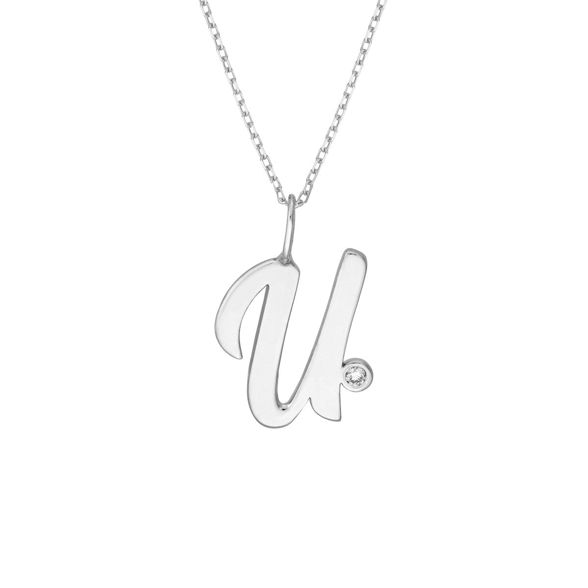 Script 'U' with Diamond Bezel Necklace 14K Gold