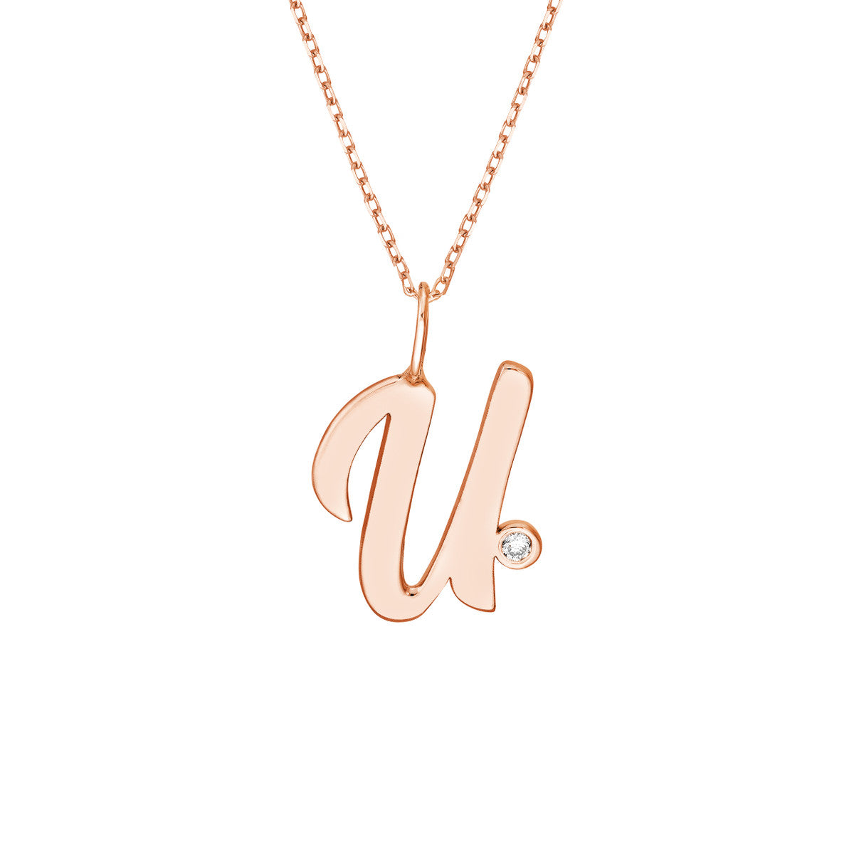 Script 'U' with Diamond Bezel Necklace 14K Gold