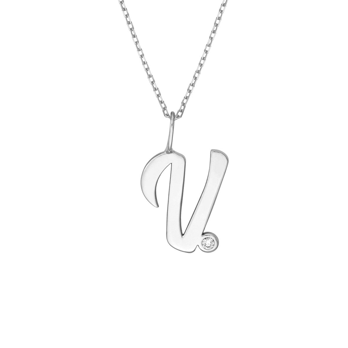 Script 'V' with Diamond Bezel Necklace 14K Gold