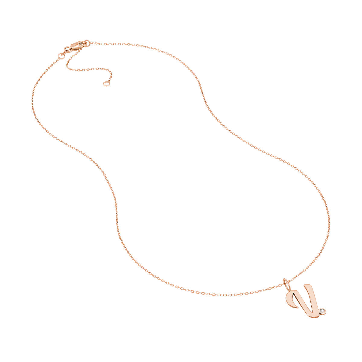 Script 'V' with Diamond Bezel Necklace 14K Gold