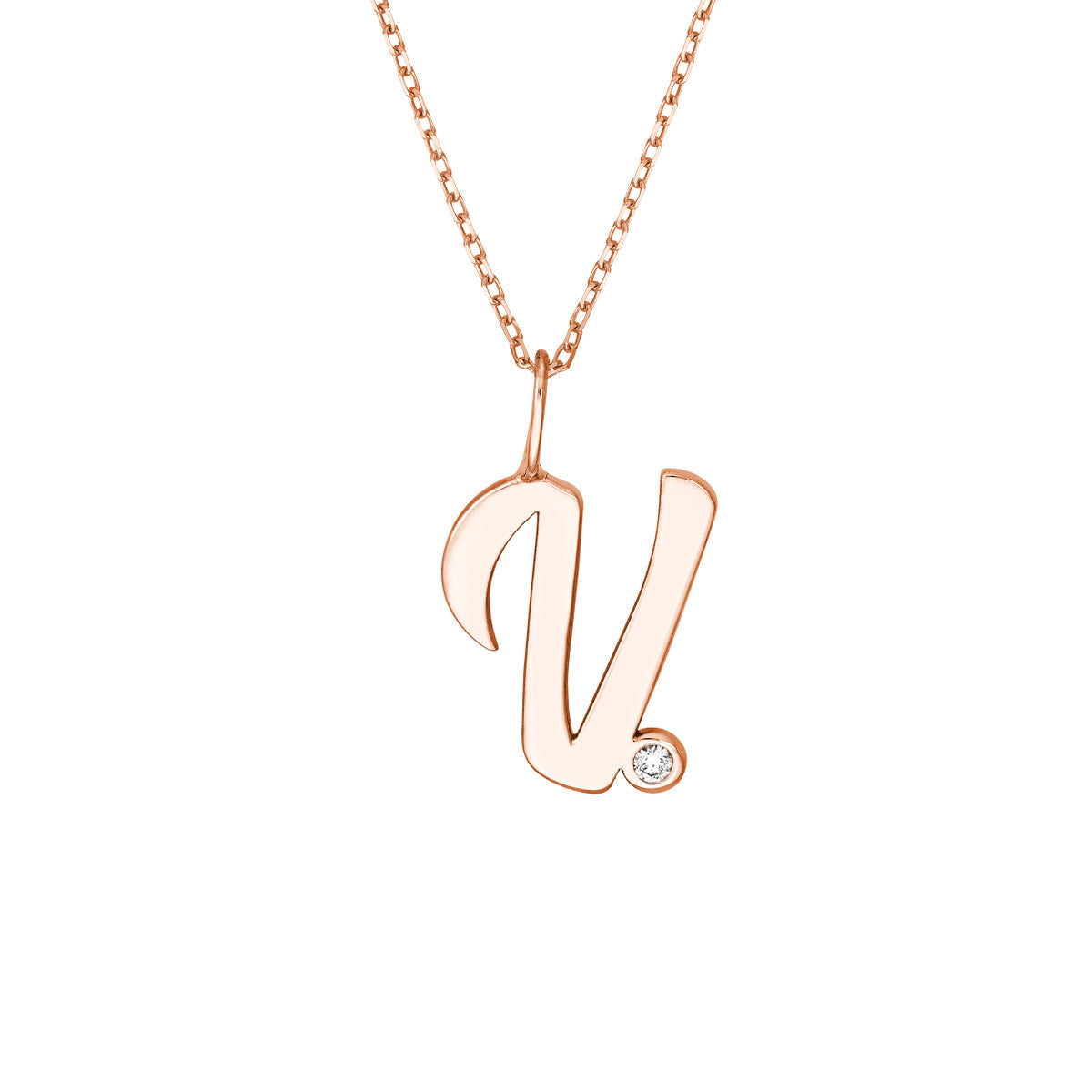 Script 'V' with Diamond Bezel Necklace 14K Gold