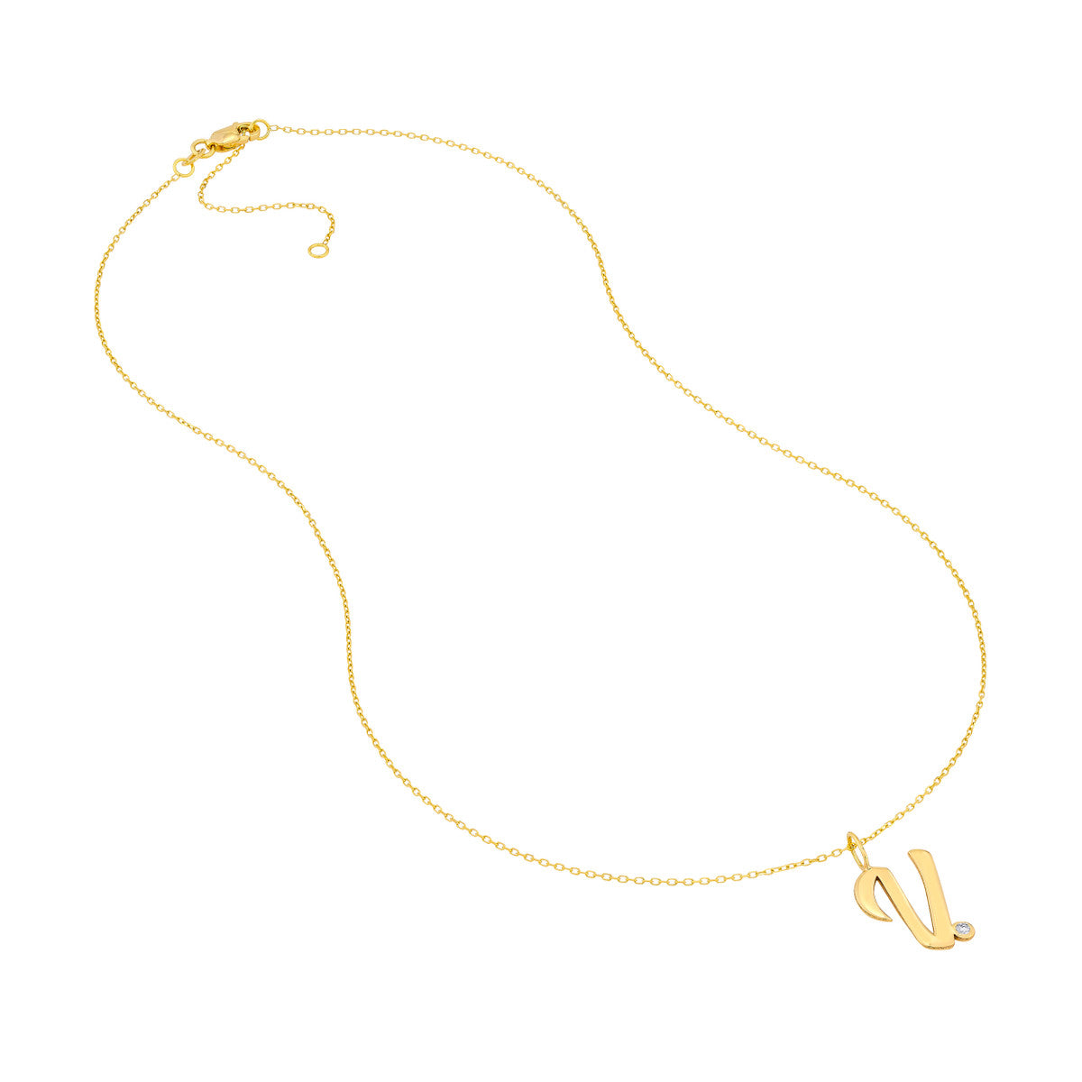Script 'V' with Diamond Bezel Necklace 14K Gold