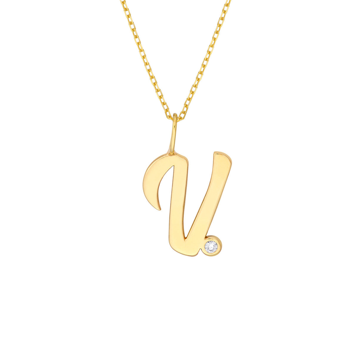 Script 'V' with Diamond Bezel Necklace 14K Gold
