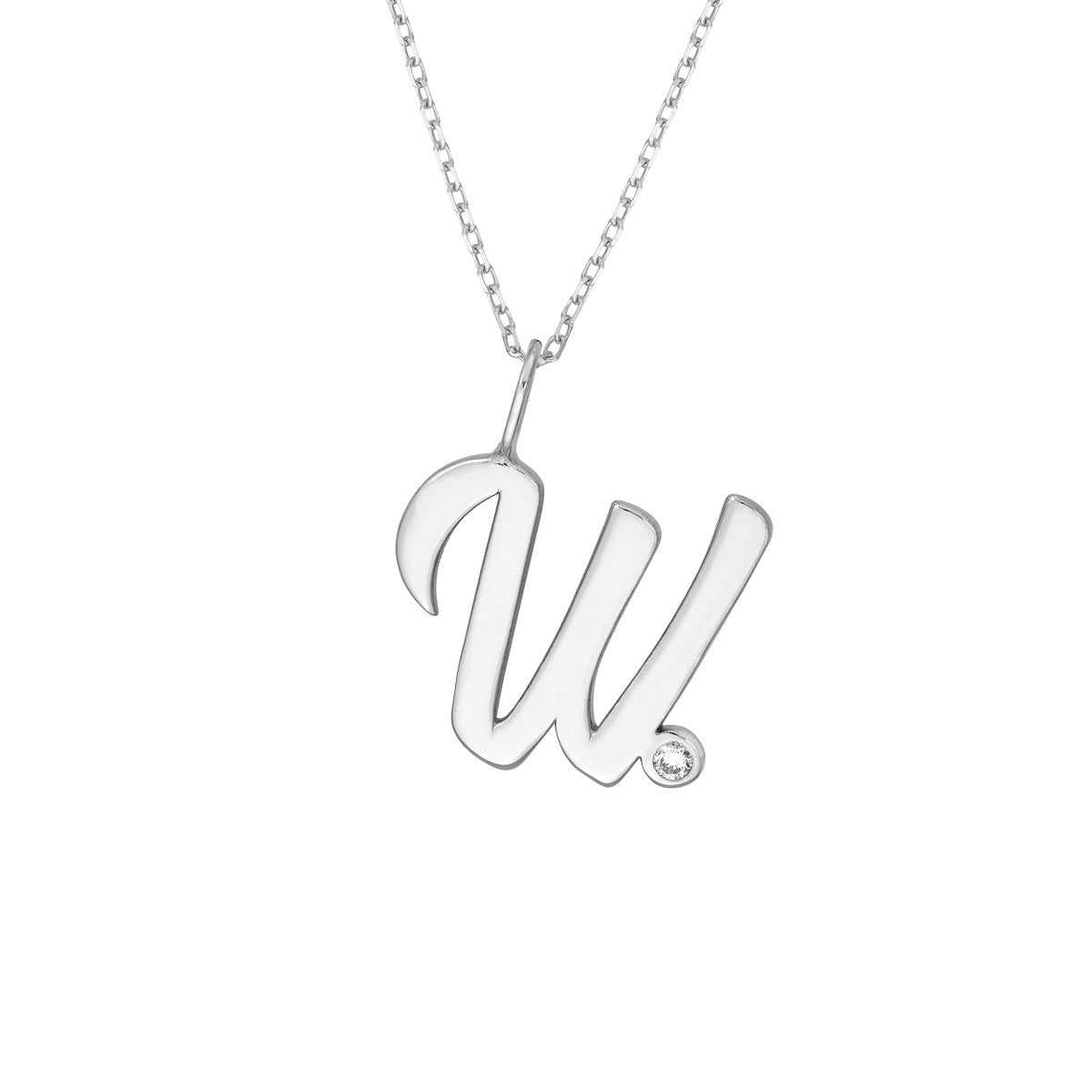 Script 'W' with Diamond Bezel Necklace 14K Gold