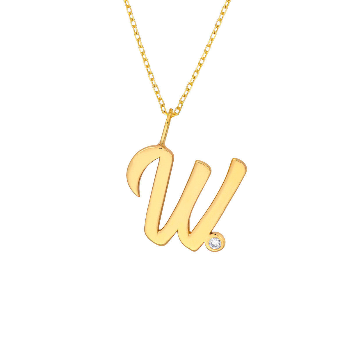 Script 'W' with Diamond Bezel Necklace 14K Gold