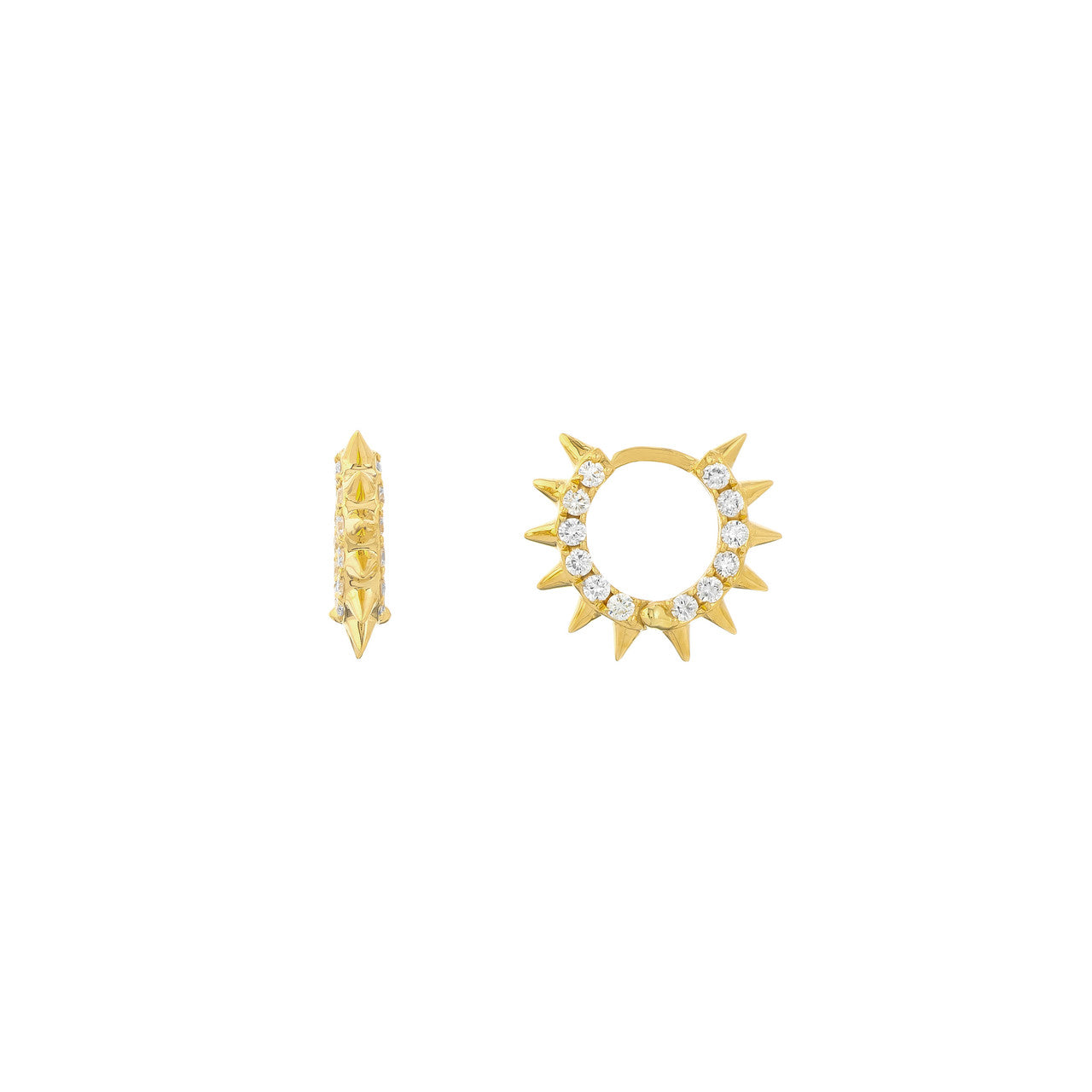 Pave Diamond Sides Spiked Huggie Earrings 14K Yellow, White, Rose Gold