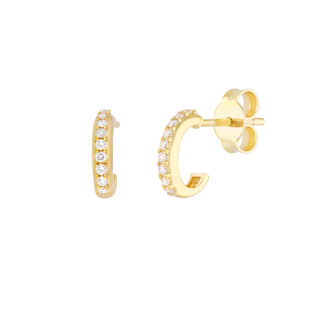 Diamond J-Shaped Mini Huggie Earrings 14K Yellow Gold
