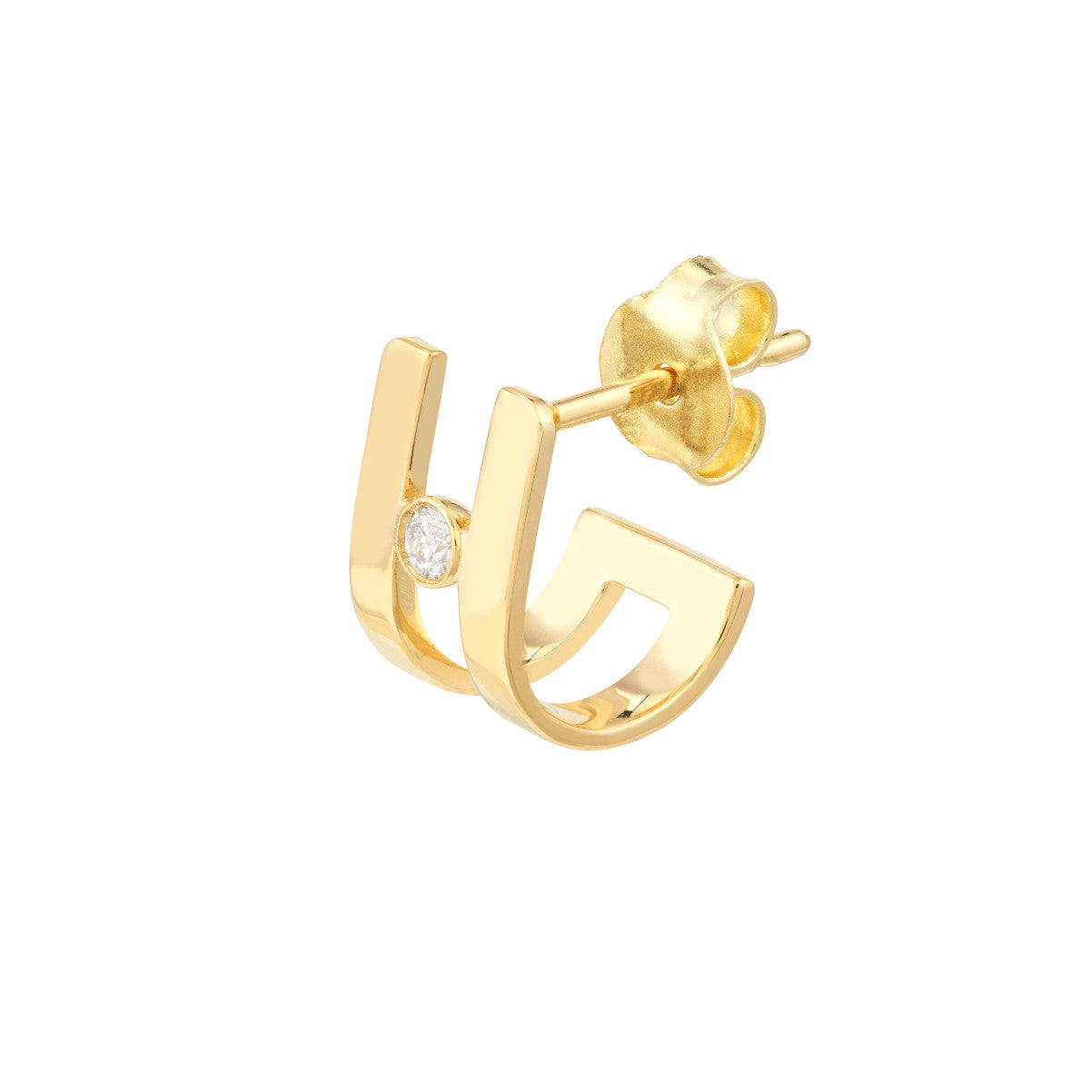 Diamond Bezel In Open J-Huggie Earrings 14K Yellow Gold