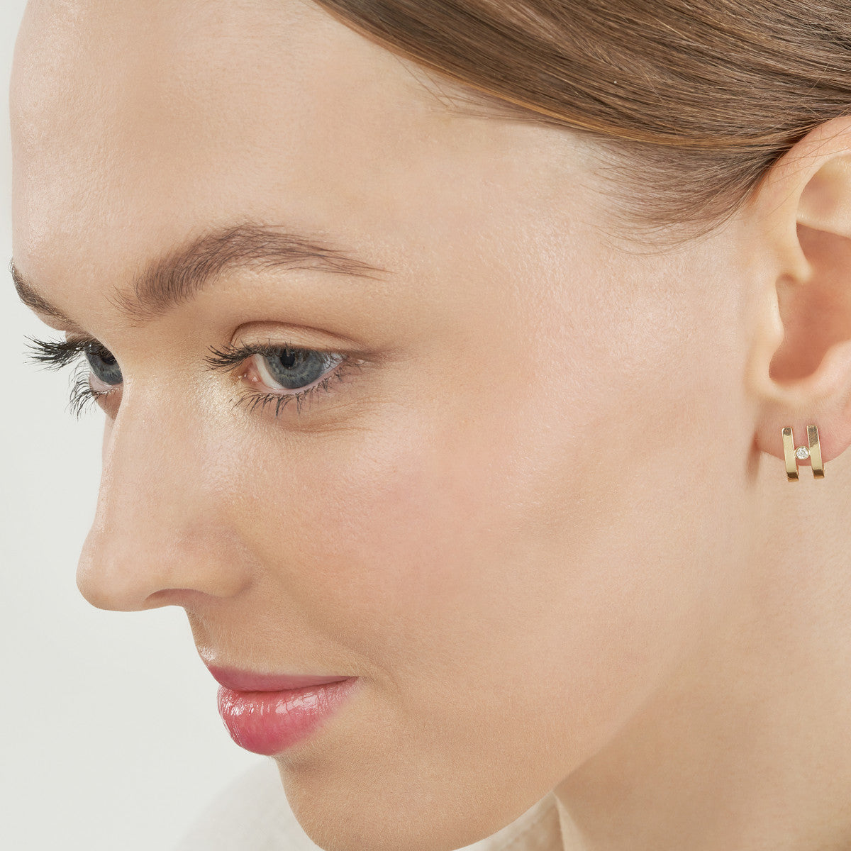 Diamond Bezel In Open J-Huggie Earrings 14K Yellow Gold